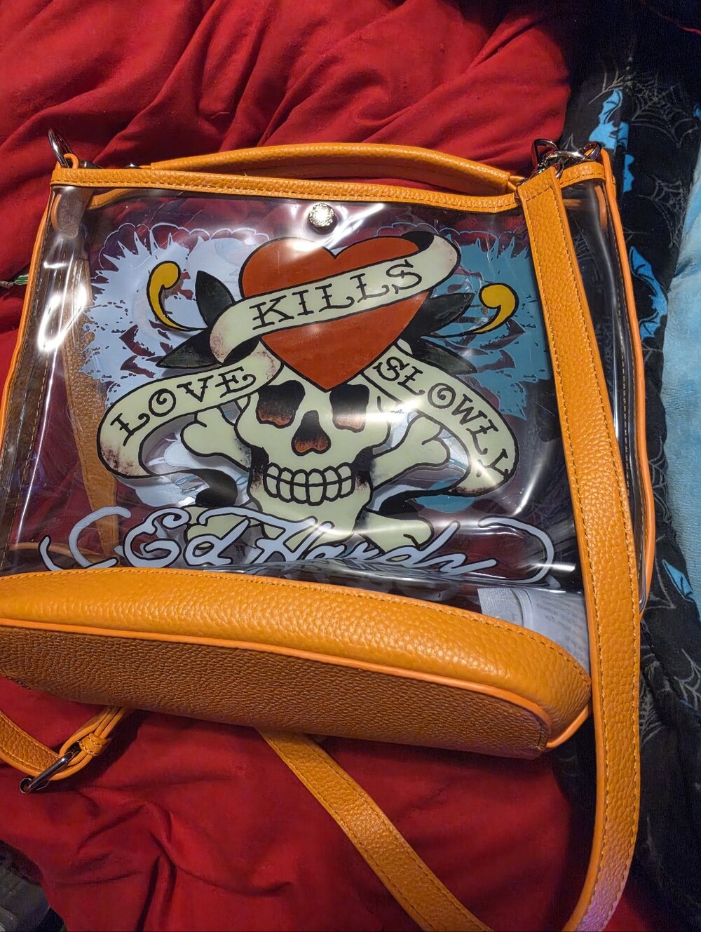 Orange Clear Crossbody Ed Hardy Bag with Skull Graphic
